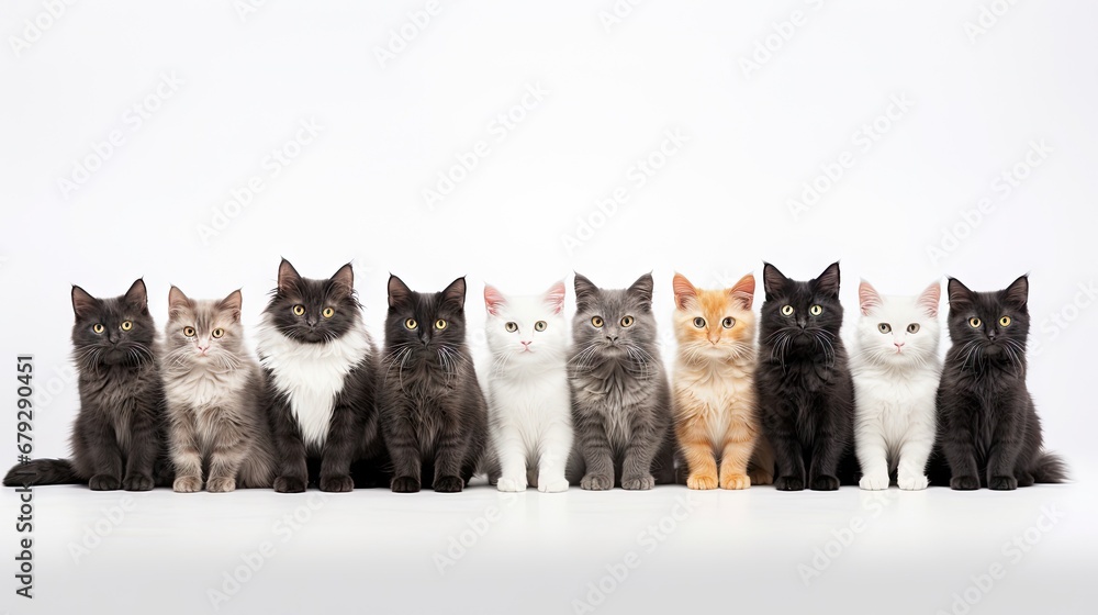 Poster a group of cats sitting next to each other in front of a white background with one cat looking at th