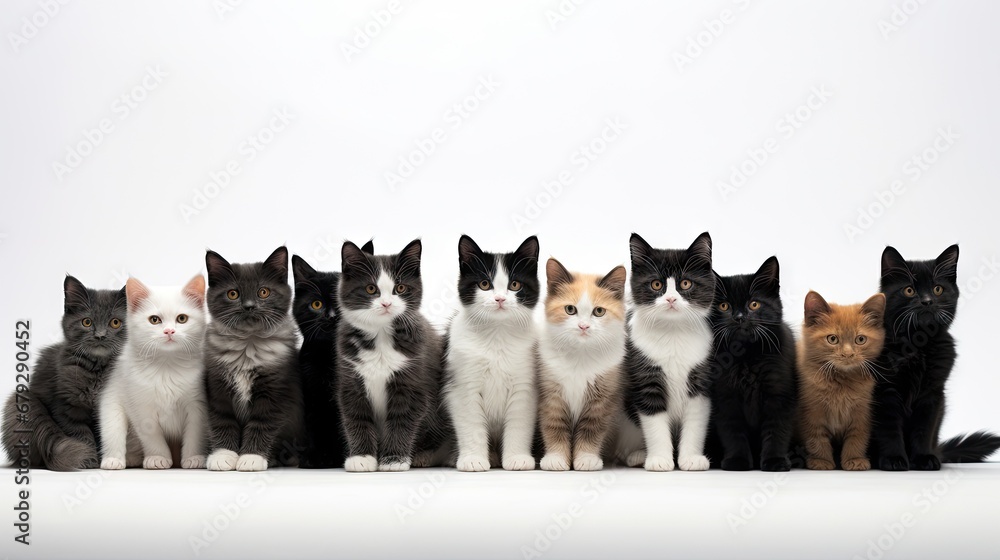 Poster a group of cats sitting next to each other in front of a white background with one cat looking at th