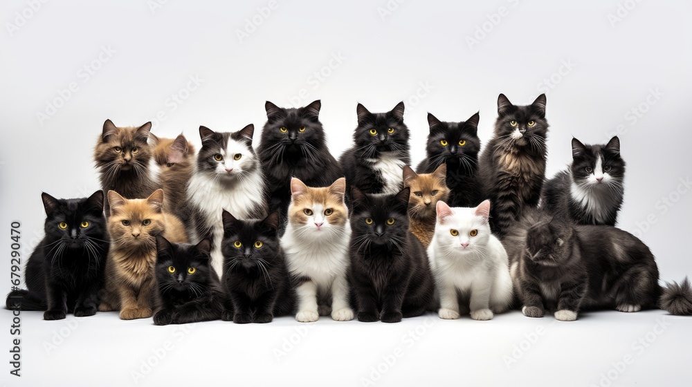 Poster a group of cats sitting next to each other in front of a white background with one cat looking at th