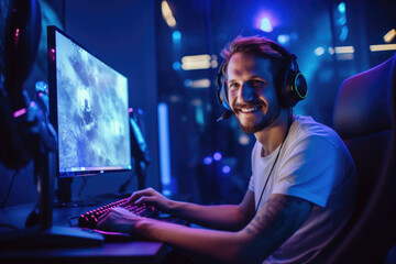 Happy professional male gamer playing video games on personal computer wearing gaming headset