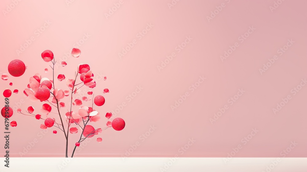 Poster a vase filled with lots of red balls on top of a white table next to a tree with lots of red balls o