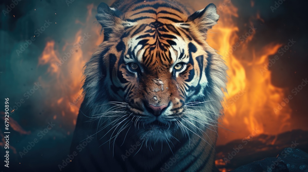 Aufkleber a close up of a tiger in front of a fire filled sky with clouds and a sky background that appears to