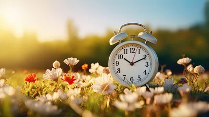 Foto op Plexiglas Concept, daylight saving time. Sommer time, winter time, changeover, switch of time. Sommer or winter time. Clock as a timer for celebrations. Spring flowers, grass, blue sky, green trees. © Caphira Lescante