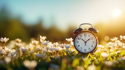 Concept, daylight saving time. Sommer time, winter time, changeover, switch of time. Sommer or winter time. Clock as a timer for celebrations. Spring flowers, grass, blue sky, green trees.