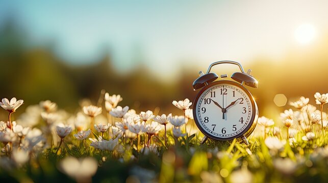 Concept, daylight saving time. Sommer time, winter time, changeover, switch of time. Sommer or winter time. Clock as a timer for celebrations. Spring flowers, grass, blue sky, green trees.