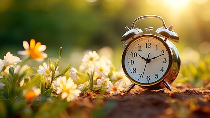 Concept, daylight saving time. Sommer time, winter time, changeover, switch of time. Sommer or winter time. Clock as a timer for celebrations. Spring flowers, grass, blue sky, green trees. - obrazy, fototapety, plakaty