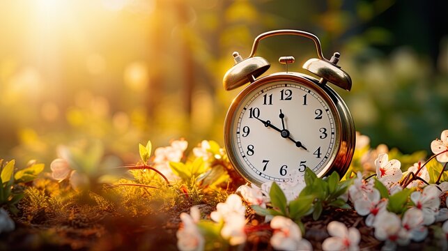 Concept, daylight saving time. Sommer time, winter time, changeover, switch of time. Sommer or winter time. Clock as a timer for celebrations. Spring flowers, grass, blue sky, green trees.