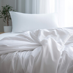 White folded duvet lying on white bed background. Preparing for winter season, household, domestic activities, hotel or home textile