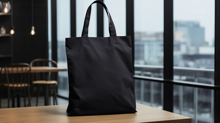 Generative AI, Realistic black tote canvas fabric bag set-up in at cafe, coffee shop interior, mock up blank.	