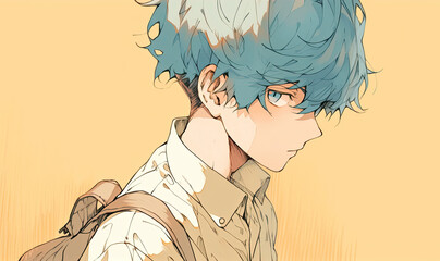 Anime Man With Blue Hair On Beige Background
