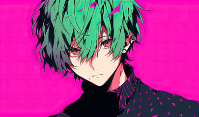 Anime Man With Green Hair On Pink Background. Сoncept Anime Styling, Vibrant Hair Color, Bold Background, Expressive Pose
