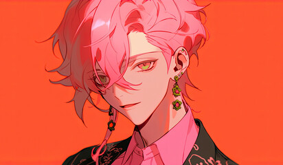 Anime Man With Pink Hair On Orange Background