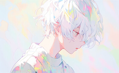 Obraz na płótnie Canvas Anime Man With Silver Hair On Pastel Background
