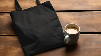 Generative AI, Realistic black tote canvas fabric bag set-up in at cafe, coffee shop interior, mock up blank.	