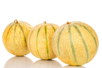 Three sweet cantaloupe melons, macro, isolated on white background.