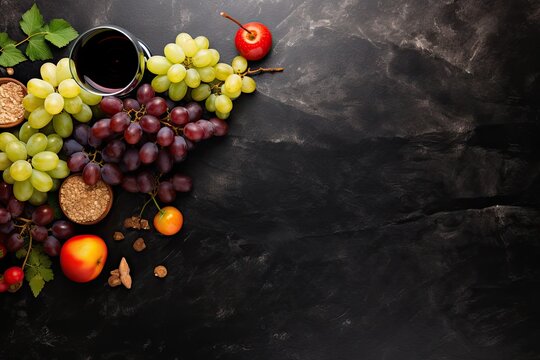wines and fruits with shale board on black top view Generative AI