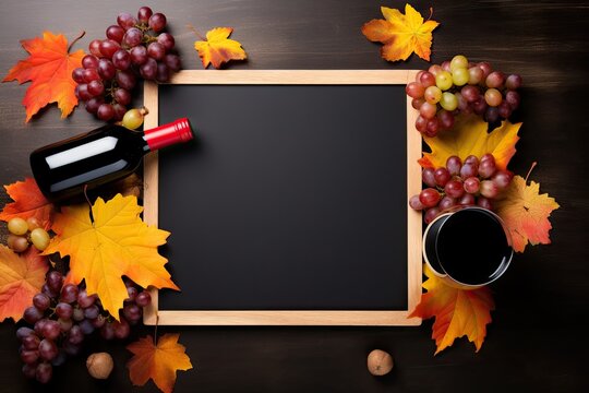 a chalkboard with wine bottles and grapes is surrounded by autumn leaves on a wooden board Generative AI