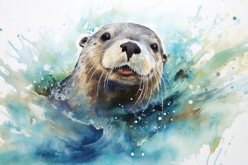 A playful otter floating on its back, with a watercolor background featuring shades of blue and green to create the illusion of water - obrazy, fototapety, plakaty