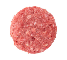 raw red meat burger for hamburger of minced ground beef or pork ready for cooking isolated on white background with clipping path, top view