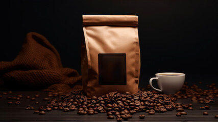 Coffee beans and a bag of coffee on a dark background