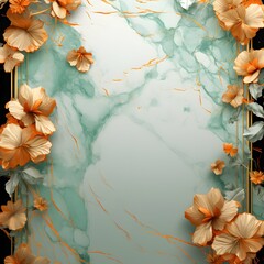 Luxury gold green orange square marble background with golden frame and orange flowers