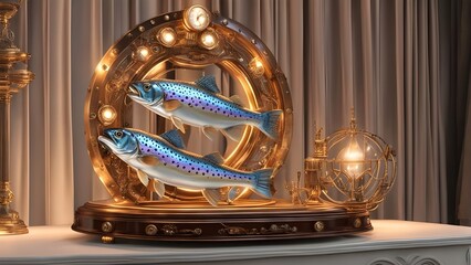  A colorful scene of a steampunk rainbow trout fish, with jewels, crystals, and lights, hanging on a golden display
