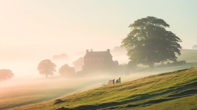 Dawn's golden light bathes English country house and sprawling, misty meadows. Retreat for eco-tourism enthusiasts and serene exemplification of tranquil beauty and sustainable living in pastoral life