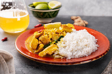 Chicken in curry sauce and rice on gray background, Indian food close up
