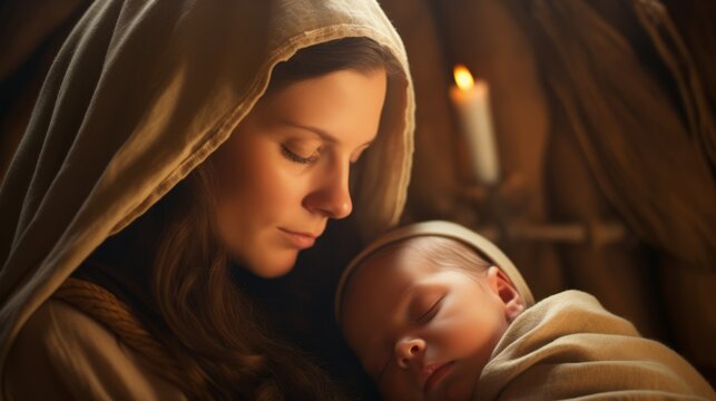 Tender Madonna and Child, Peaceful Rest in a Manger on Christmas Night
