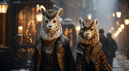Fototapeta na wymiar Close-up of a married couple of leopards in elegant outerwear standing against a blurred background of a winter atmospheric street. Other worlds, New Year's costume performance