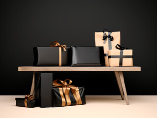 Black Friday Sale. Podium with black gifts boxes with gold bows. AI Generation