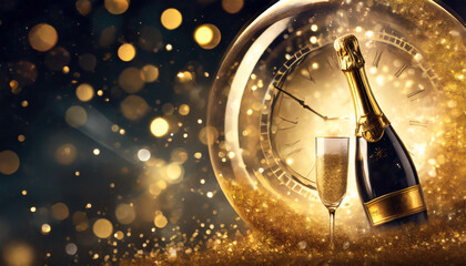 New Year's Eve background with champagne, clock and golden bokeh