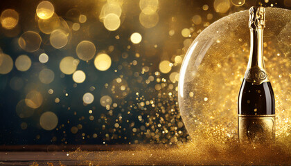 Champagne bottle and glass ball on bokeh golden background. New year celebration