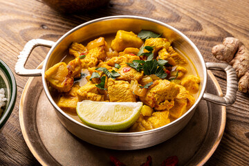 Chicken in curry sauce and rice on wooden background table, Indian food
