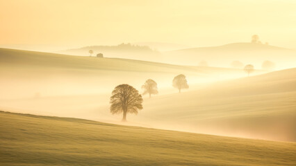 Misty golden hills dotted with solitary trees, an ethereal English rural landscape perfect for eco-tourism and sustainability themes in travel and nature publications