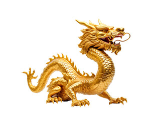 Golden dragon statue, Chinese lucky animal symbol, on PNG transparent background. - obrazy, fototapety, plakaty