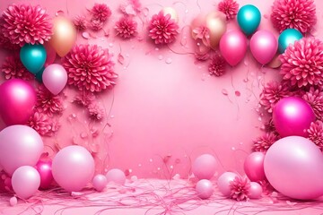 Obraz na płótnie Canvas balloons in pink background with yellow and blue balloons decoration at the border with text copy space in the middle with party bushes and five pound pink flavor cake on the table with pink roses 