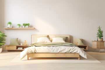 Cozy sustainable bedroom in natural beige colors with wooden furniture, stylish interior accessories, natural cotton textiles. Eco friendly home interior design. Front view