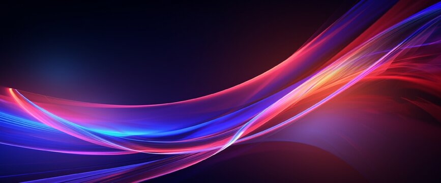 Abstract background with light trails, stream of red blue neon lines in space form spiral shapes. Modern trendy motion design background. Light flow bg. 3d render.