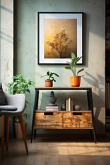 Fototapeta na wymiar Modern home interior with designer wooden dresser, poster mockup, live plants, accessories in stylish home decor.