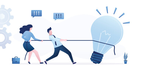 Business people and teamwork pull rope with big light bulb. Office people work on new project. Business idea, innovation, creation, inspiration, work hard, start-up and creativity.