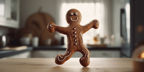 A gingerbread man biscuit dancing on the kitchen. Generative AI.