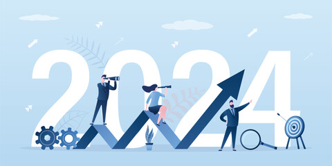 Business team seeking new opportunities. Leadership, global vision, business development. Happy new year 2024. Growth chart, future achievement. 2024 business goals concept - obrazy, fototapety, plakaty