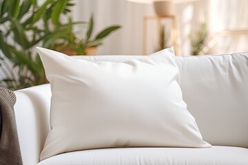 blank white polyester pillow with no pillow sitting on a couch - closeup mockup template