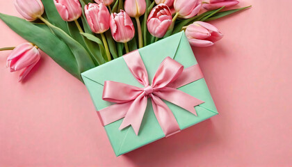 Bouquet of pink tulips and gift box on pink background