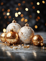white and gold christmas decorations, balls, on the table, black background, bokeh