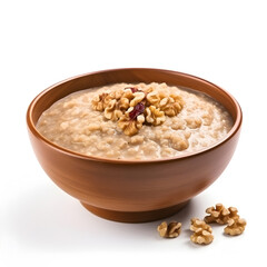 Oatmeal porridge with walnuts in a bowl isolated on a white background. AI Generative