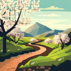 Upbeat Spring Vector: Scenic Landscape Illustration