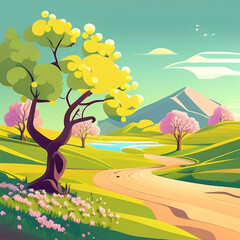 Energetic Nature Vibes: Vector Spring Scene Illustration