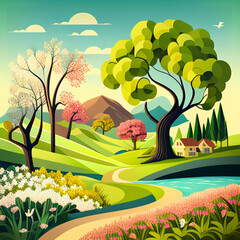 Cheerful Vector Landscape: Spring Scene Artwork